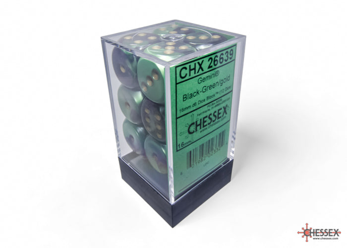 Gemini Black-Green/gold 16mm d6 Dice Block (12 dice)