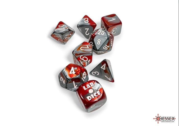 Lab Dice 8: Gemini Red-Steel/white Polyhedral 7-Die Set (with bonus die) image 0