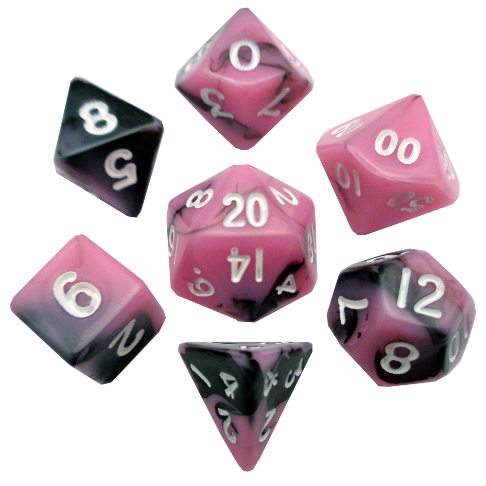 MINI 7 DICE SET PINK/BLACK W/ GOLD 10MM