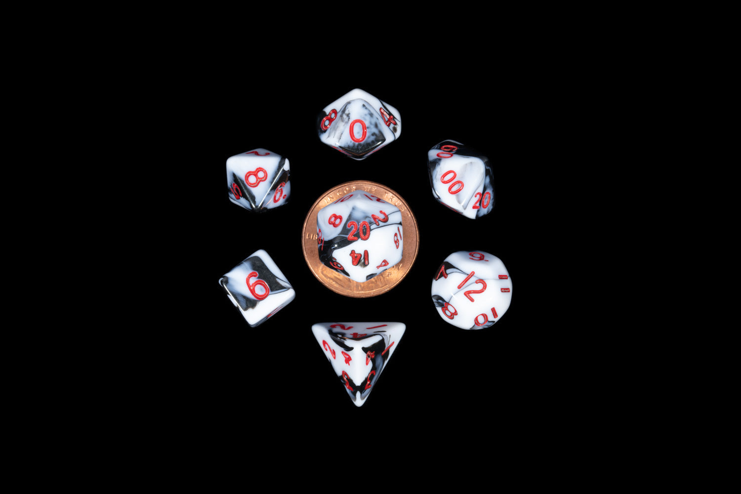 MINI 7 DICE SET MARBLE W/ RED 10MM