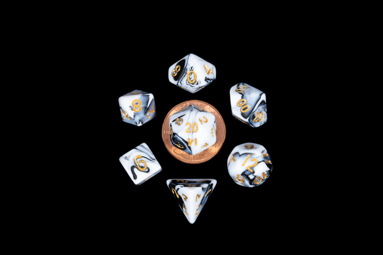 MINI 7 DICE SET MARBLE W/ GOLD 10MM