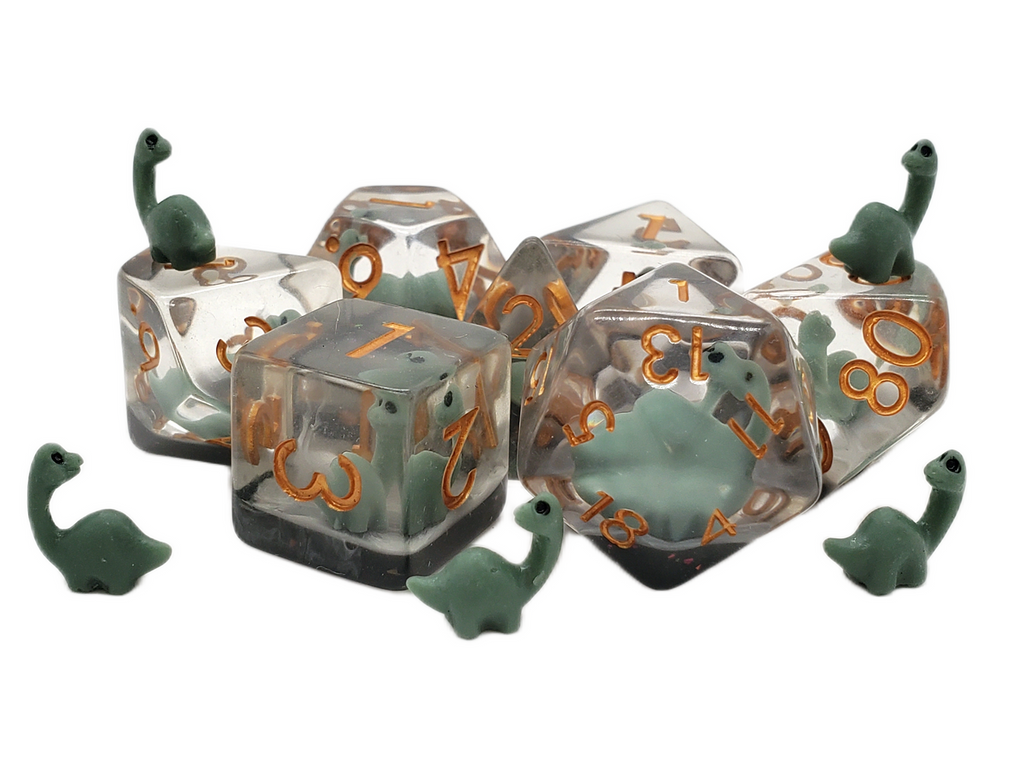 7 Piece DnD RPG Dice Set: Animal Kingdom - Baby Brontosaurus - Green