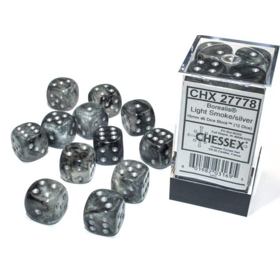 Borealis Light Smoke/Silver 16mm d6 Dice Block (12 dice)