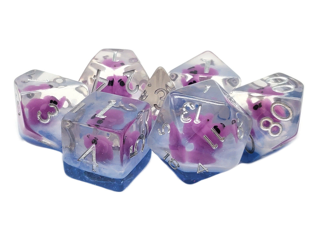 7 Piece DnD RPG Dice Set: Animal Kingdom - Baby Elephant - Purple w/ Blue