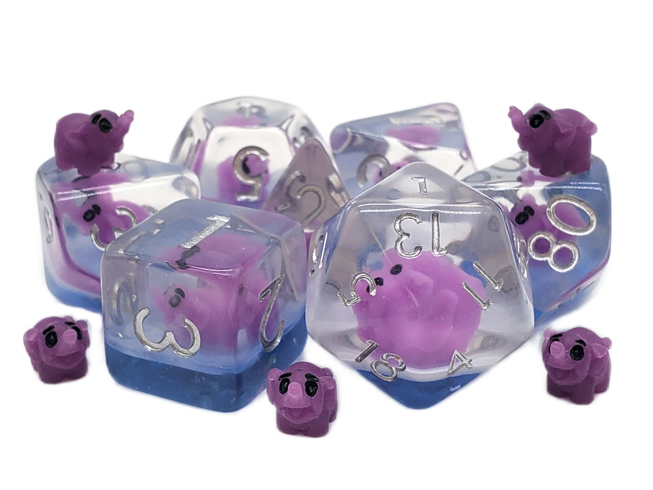 7 Piece DnD RPG Dice Set: Animal Kingdom - Baby Elephant - Purple w/ Blue